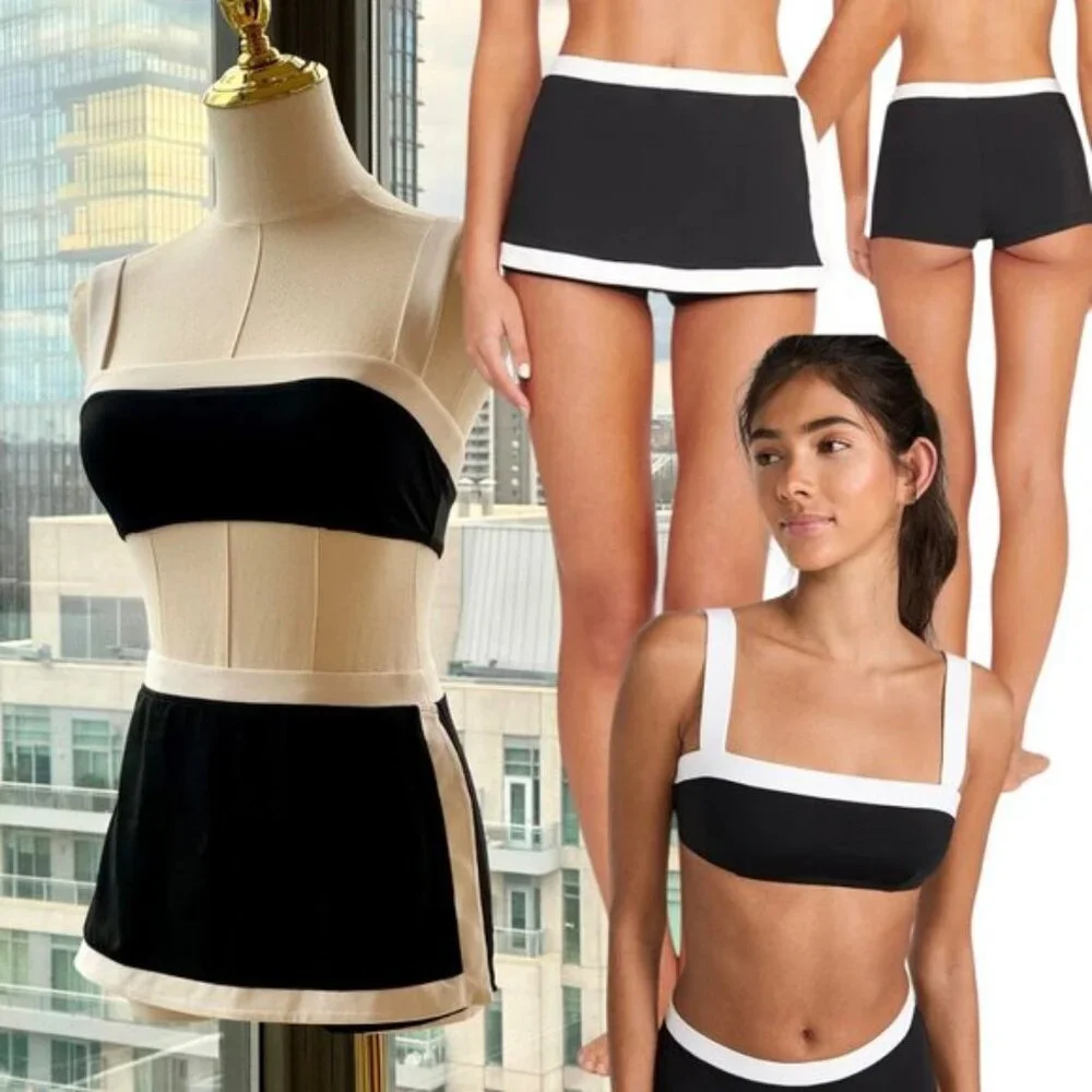 🆕 STAUD 🧿 NWT BIack White Bikini Set- Liv Top - Sz S & Nell Swim Skirt - Sz XS - Picture 1 of 16